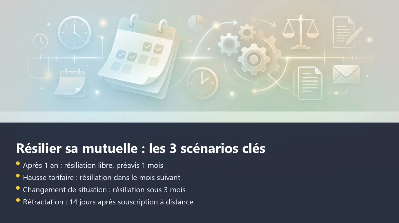 Calendrier des trois scénarios de résiliation d'une mutuelle avec délais légaux applicables