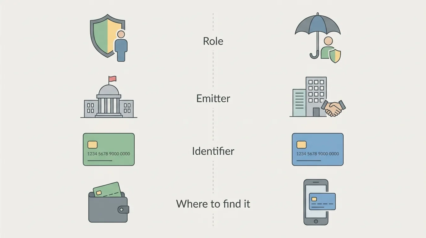 Schéma comparatif entre l'AMC (mutuelle) et l'AMO (Sécurité sociale) : rôle, identifiant et documents associés