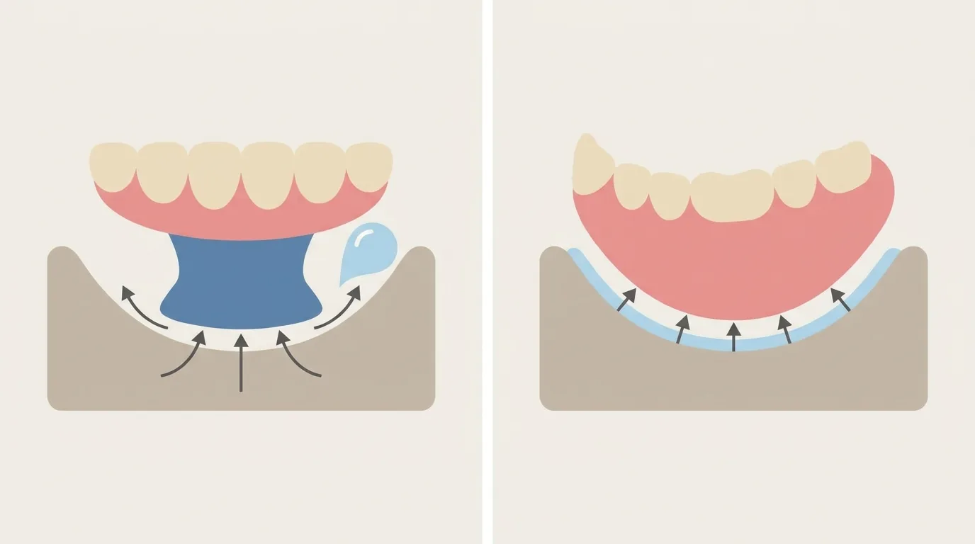 Schéma comparatif d'une prothèse dentaire à ventouse et d'une prothèse sans ventouse, vue en coupe