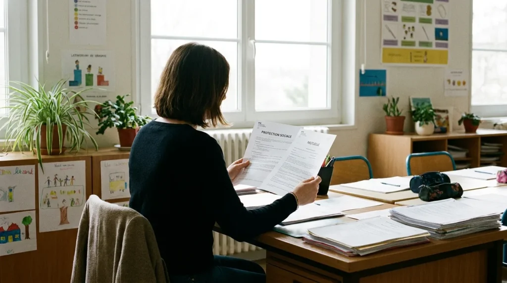 Enseignante en salle de classe consultant des documents liés à sa protection sociale