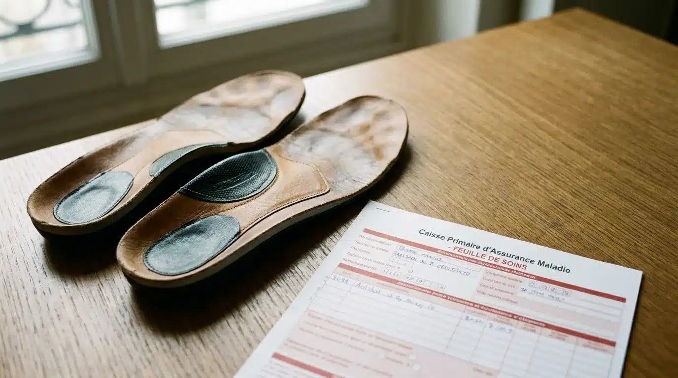 Semelles orthopédiques posées à côté d'une feuille de remboursement Sécurité sociale