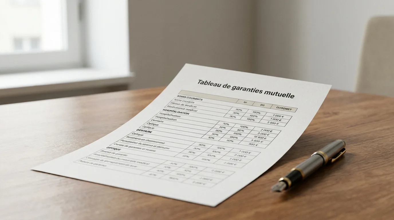Document tableau de garanties mutuelle posé sur un bureau avec un stylo