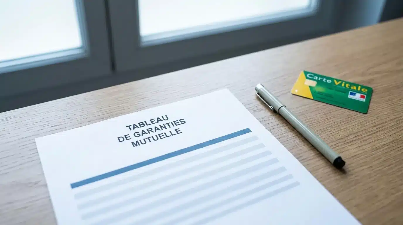 Document tableau de garanties mutuelle posé sur un bureau avec stylo et carte Vitale