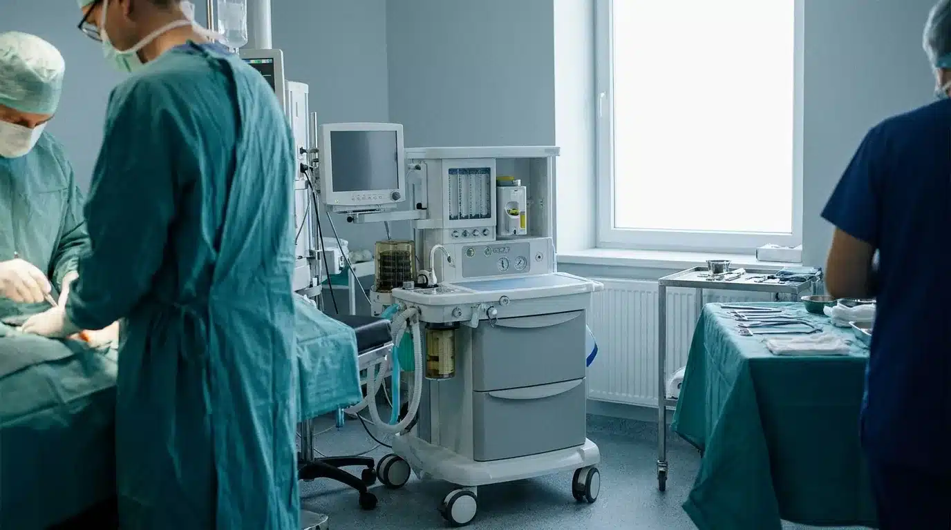 Salle d'opération avec matériel d'anesthésie, ambiance médicale sobre en clinique privée