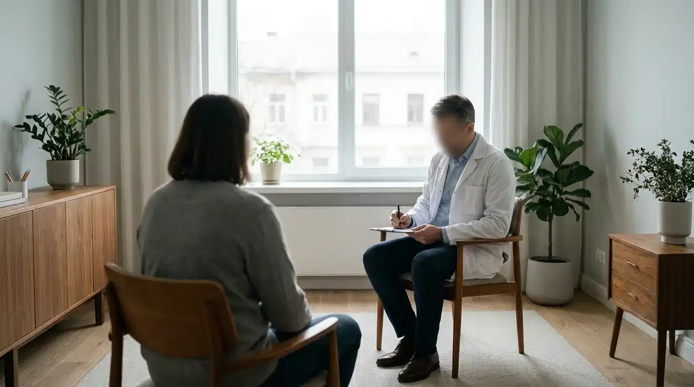Patient en consultation face à un psychiatre dans un cabinet sobre et lumineux