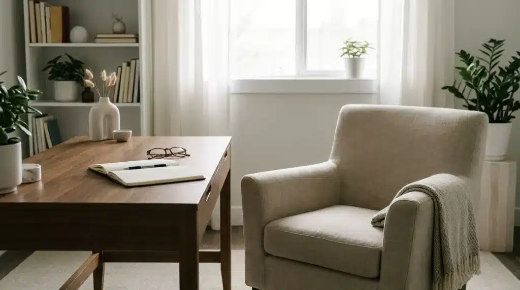 Cabinet de psychiatre sobre avec bureau, carnet de notes et fauteuil en lumière naturelle tamisée