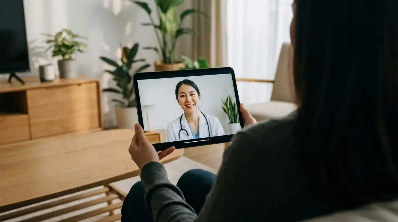 Personne en téléconsultation sur tablette avec un médecin visible à l'écran dans un cadre domestique sobre