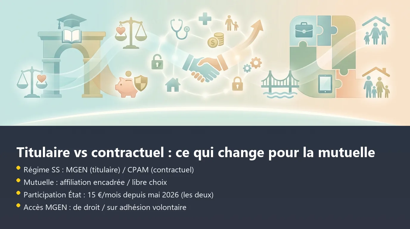 Infographie comparant les droits mutuelle d'un enseignant titulaire et d'un enseignant contractuel en 2026