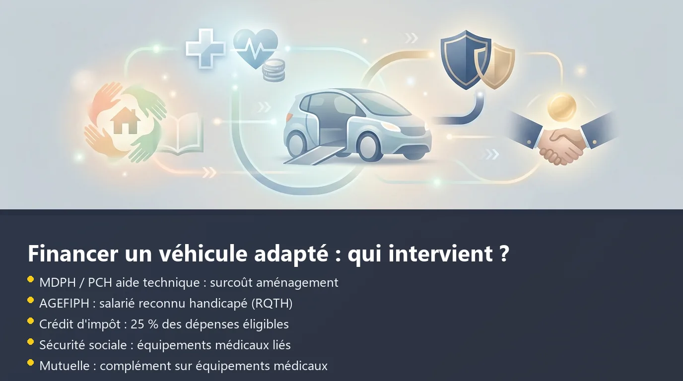 Schéma des trois sources de financement pour un véhicule adapté : MDPH, Sécurité sociale et mutuelle