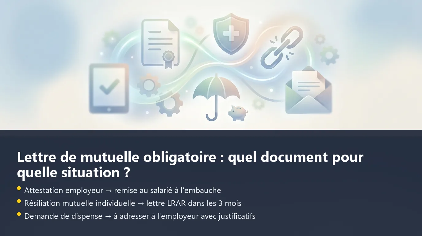 Schéma des trois lettres liées à la mutuelle obligatoire : attestation employeur, résiliation individuelle et demande de dispense