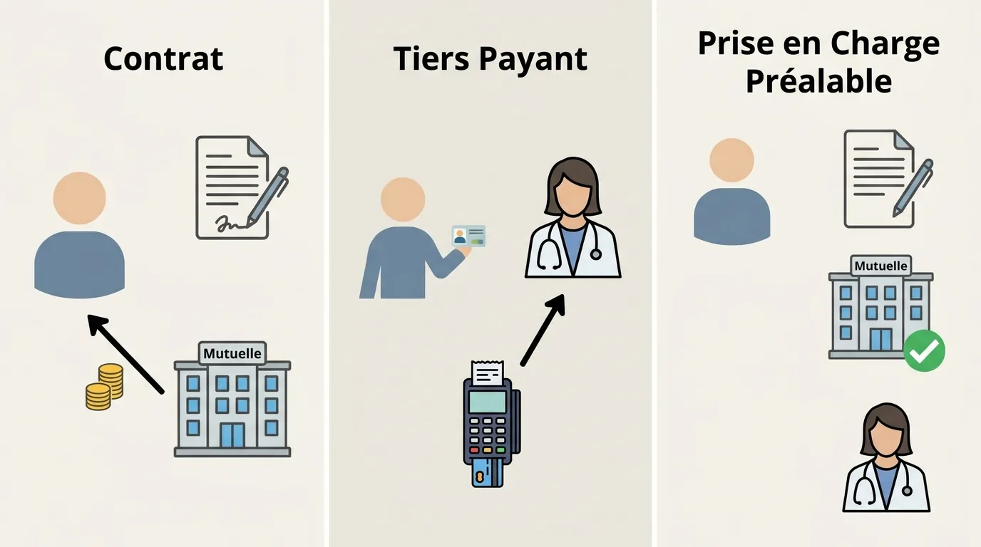 Schéma des trois types d'accords en mutuelle santé : contrat, tiers payant et prise en charge préalable