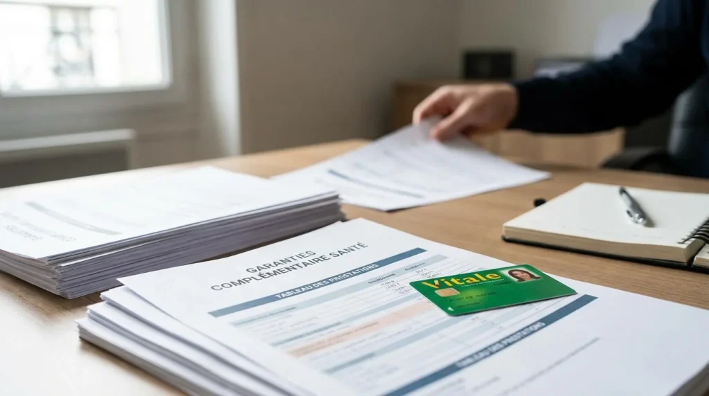 Bureau de conseiller en complémentaire santé avec documents de garanties et carte Vitale