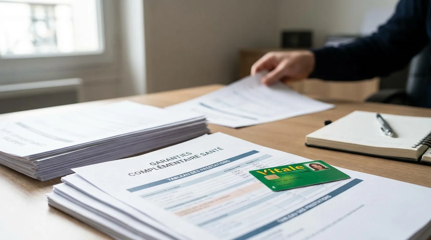 Bureau de conseiller en complémentaire santé avec documents de garanties et carte Vitale